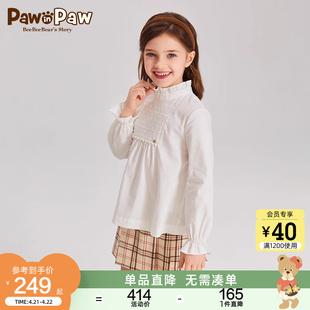 pawinpaw卡通小熊童装2024春款女童纯棉花边，立领淑女长袖衬衫上衣