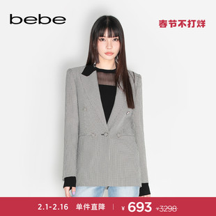 bebe秋冬系列女士，千鸟格拼接丝绒，修身西装外套340102