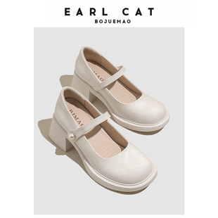 伯爵猫真皮时尚厚底小皮鞋2023年秋季法式甜美白色玛丽珍鞋女