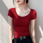 低领T恤女2024早秋收腰紧身正肩纯色上衣红色内搭短袖打底衫