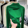 绿色设计感镂空半高领针织，打底衫女2023秋冬羊绒上衣软糯内搭毛衣