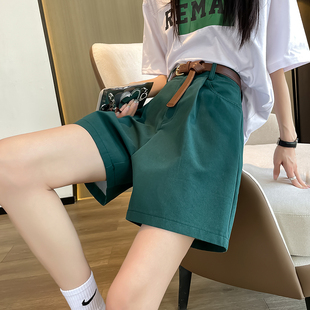 绿色西装短裤女夏季薄款高腰，显瘦宽松休闲阔腿韩版直筒a字五分裤