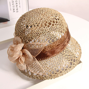 帽子女夏季英伦复古优雅渔夫帽镂空遮阳麻纱花朵盆帽出游礼帽
