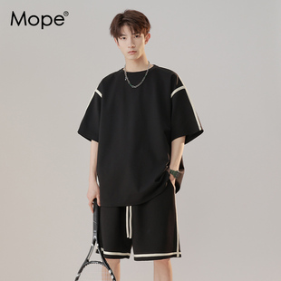 mope休闲时尚套装男士，夏季篮球黑色，高级感潮牌一套搭配短袖短裤