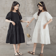 女童夏装裙子2024韩版白色公主裙女大童过膝长裙泡泡袖连衣裙