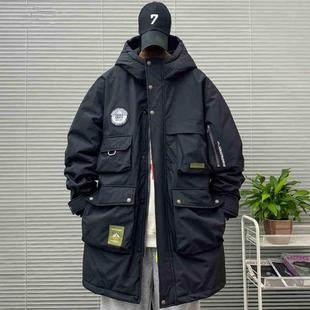 机能风多口袋工装羽绒服男潮牌冬季加厚大码宽松中长款白鸭绒外套