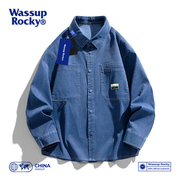 WASSUP美式翻领牛仔外套男生复古宽松长袖衬衫多口袋纯色休闲上衣
