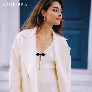 AZURIERA高端羊毛白色毛呢外套纯色长款大衣高级感轻熟风羊绒西装