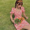 夏季法式复古仙女橘色露背短裙收腰修身显瘦碎花雪纺连衣裙