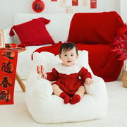 百天儿童摄影服饰新年主题服装红色针织女孩周岁宝贝拍照服装