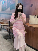 正式场合粉色连衣裙夏季2023女装海边度假泡泡袖拼接撞色裙子