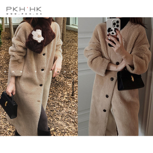 PKH.HK特冬上新自留冬季小太阳时髦羊剪绒抵寒挡风中长全羊毛外套