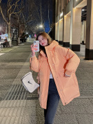 反季橘色棉服女中长款宽松设计感冬季2022年潮流纯色外套