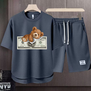 小熊短袖t恤男生，夏季潮牌宽松短裤篮球服，一套华夫格运动套装