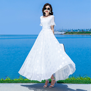 白色连衣裙女长款2024夏季雪纺，大摆长裙到脚踝收腰显瘦沙滩裙