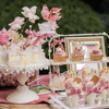 粉色唯美婚礼甜品台布置生日派对装饰烘焙纸杯，蛋糕插件布丁瓶绑带