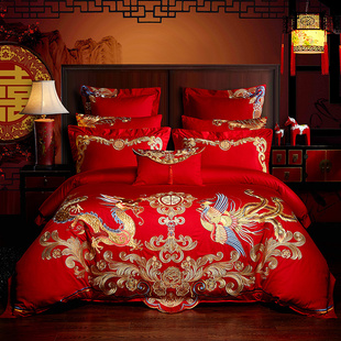 恒源祥全棉四件套婚庆，套件1.8米大红床单纯棉，结婚床上用品喜被套