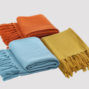 北欧简约针织流苏黄色橙色，蓝色床尾装饰撘毯样板间，沙发毯百搭搭巾