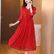 年纺女桑蚕丝连衣裙夏季仙女气质宽松显瘦红色真丝雪裙