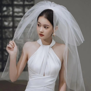 新娘长款拖尾主婚纱，短款蓬蓬头纱森系户外简约拍照三层韩国硬纱女