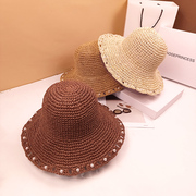 夏季时尚手工手编珍珠帽子纸草帽沙滩帽大檐遮阳帽女潮盆帽渔夫帽