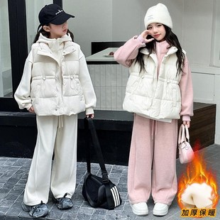 女童冬季套装2024新款时尚女孩网红棉马甲加绒加厚卫衣Z裤子三件