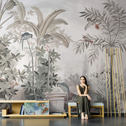 欧式复古壁纸手绘中世纪热带雨林壁画沙发背景墙布，芭蕉叶餐厅墙纸