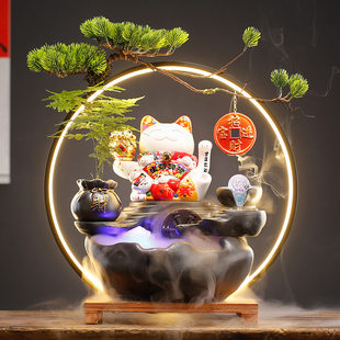 中式流水生财摆件家居客厅办公室桌面创意陶瓷招财猫装饰开业