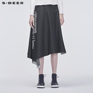 sdeer圣迪奥女装时尚字母，印花折叠堆积不规则摆半身长裙s19181113
