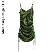 澳洲小众度假性感礼服，短裙子显白绿色复古波点修身显瘦吊带连衣裙