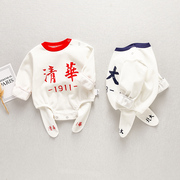 婴幼儿衣服春装9男宝宝长袖三角，哈衣包(哈衣包，)屁衣两件套0-1岁小童套装潮