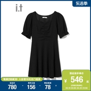 itb+ab女装泡泡袖连衣裙，秋季时尚气质，竖坑纹收腰短裙6205si