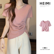粉色v领T恤女夏季设计感小众褶皱收腰短袖不规则开叉打底上衣