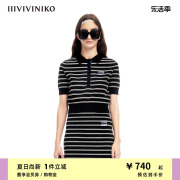 iiiviviniko夏季百搭⽴体polo领短袖条纹针织衫女m323724602e