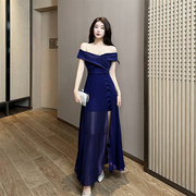 韩版女装修身显瘦包臀露肩礼服，裙性感低胸，拼接开叉雪纺长裙连衣裙