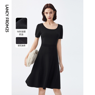 朗姿法式泡泡袖肌理感黑色连衣裙子女夏季裙子气质显瘦小黑裙