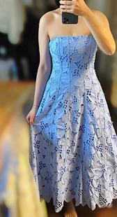原货外贸瑞典小众巨显瘦淡蓝色纯棉花朵刺绣抹胸修身女士连衣裙