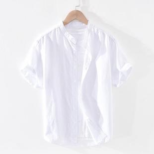 透气亚麻衬衫男士短袖修身上衣夏季薄款翻领青年，棉麻料休闲白衬衣(白衬衣)