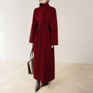 新年战袍红色超长款立领双面呢大衣女高级感大牌直筒羊毛呢外套冬