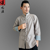 男士苎麻唐装中式衬衫中国风复古亚麻男装立领盘扣汉服长袖上衣