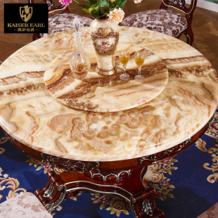 欧式餐桌椅组合天然大理石圆桌香槟金，带转盘新古典(新古典)实木圆形饭