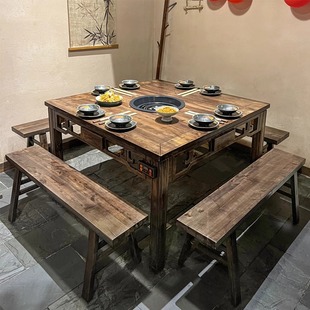 火锅桌子电磁炉一体商用岩板大理石实木专用市井，串串香店餐椅组合