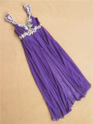 0917紫色蕾丝双肩雪纺气质，长款手工钉珠外贸，名媛晚礼服裙宴会年t1