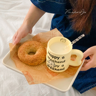 奶油风可爱动物字母马克杯卡通早餐陶瓷咖啡牛奶杯办公室家用水杯
