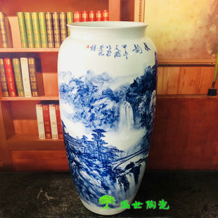 景德镇陶瓷器落地花瓶名家手绘青花瓷山水书画，箭筒冬瓜花瓶客厅