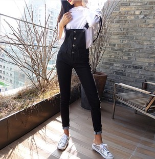韩国choper黑色牛仔背带裤，女长裤前排扣显瘦小码，铅笔裤连体裤