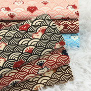 台湾产加厚棉布和风日系猫咪波纹印花布料手工，口金包包面料纯棉
