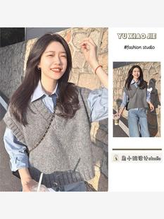 两件套装韩系简约v领灰色，短款毛衣背心针织衫马甲，女+蓝色长袖衬衫
