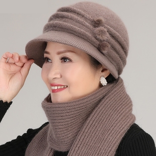 中老年人妈妈帽子女冬季保暖防风老太太奶奶针织毛线帽围巾两件套