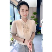 新中式国风立领绣花长袖雪纺衫夏季时尚洋气宽松遮肚减龄上衣